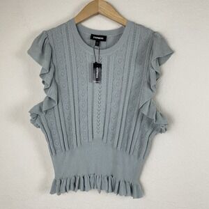 Express Womens XL Knit Ruffle Top Romantic Pale Green Cottagecore Flutter Sleeve